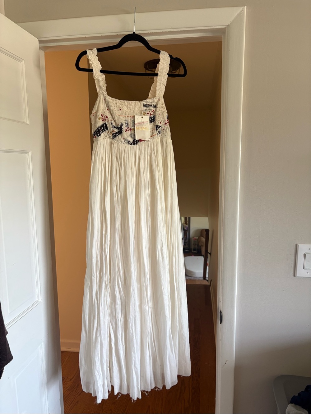 Show Me Your MuMu White Maxi Dress with Embroidered Navy & red Bodice